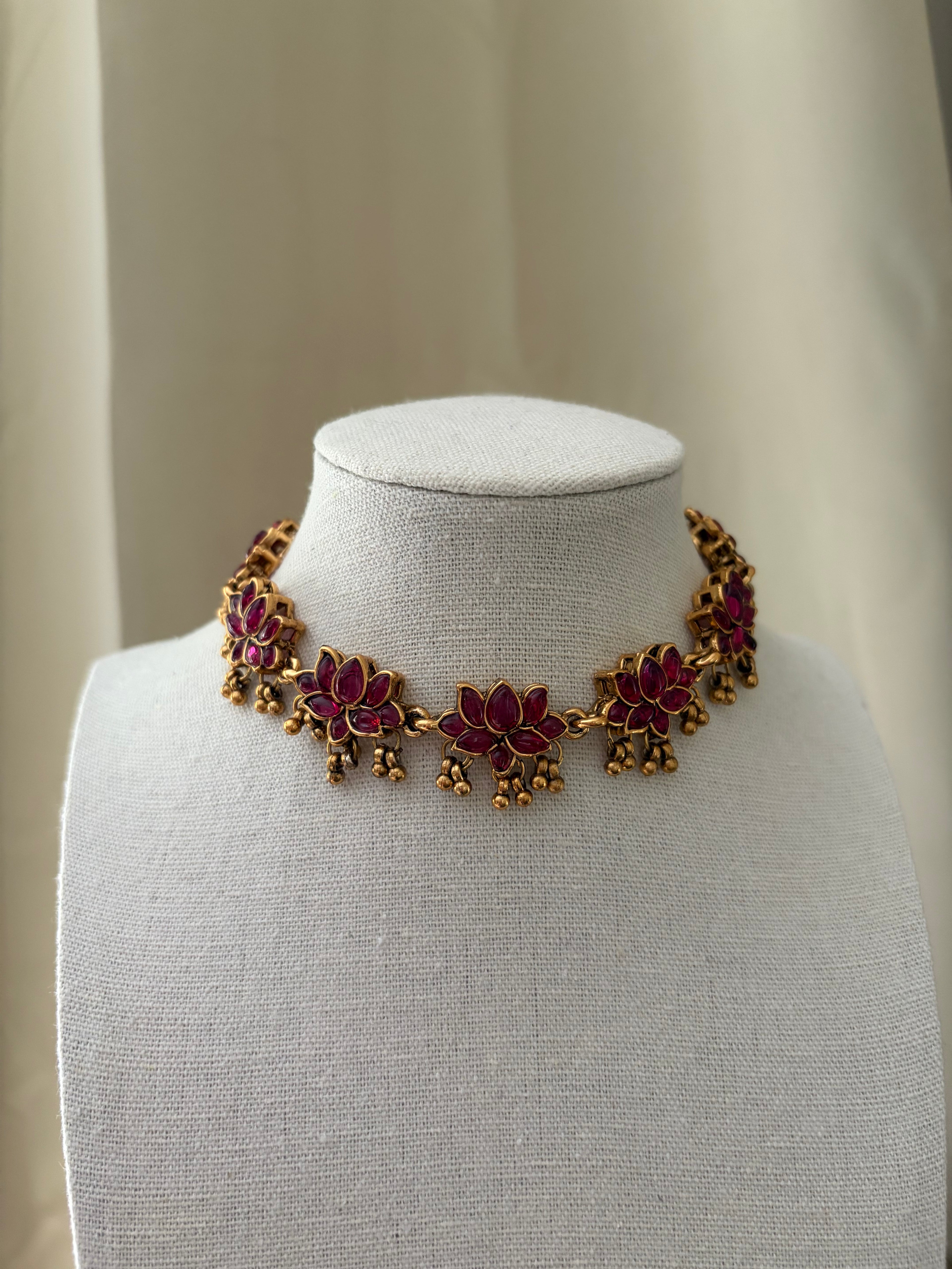 Pink Ruby Lotus Necklace and Earrings Set