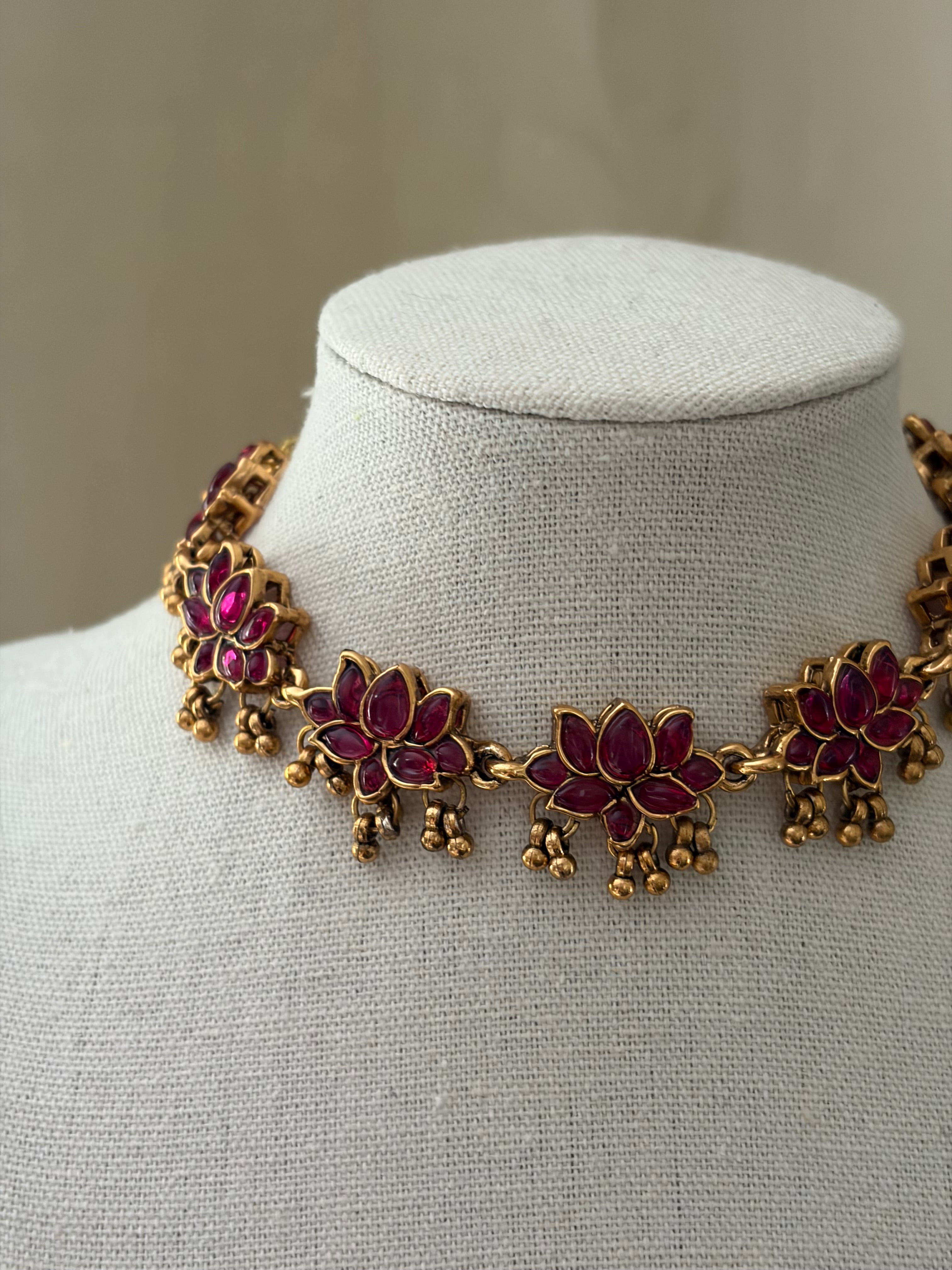 Pink Ruby Lotus Necklace and Earrings Set