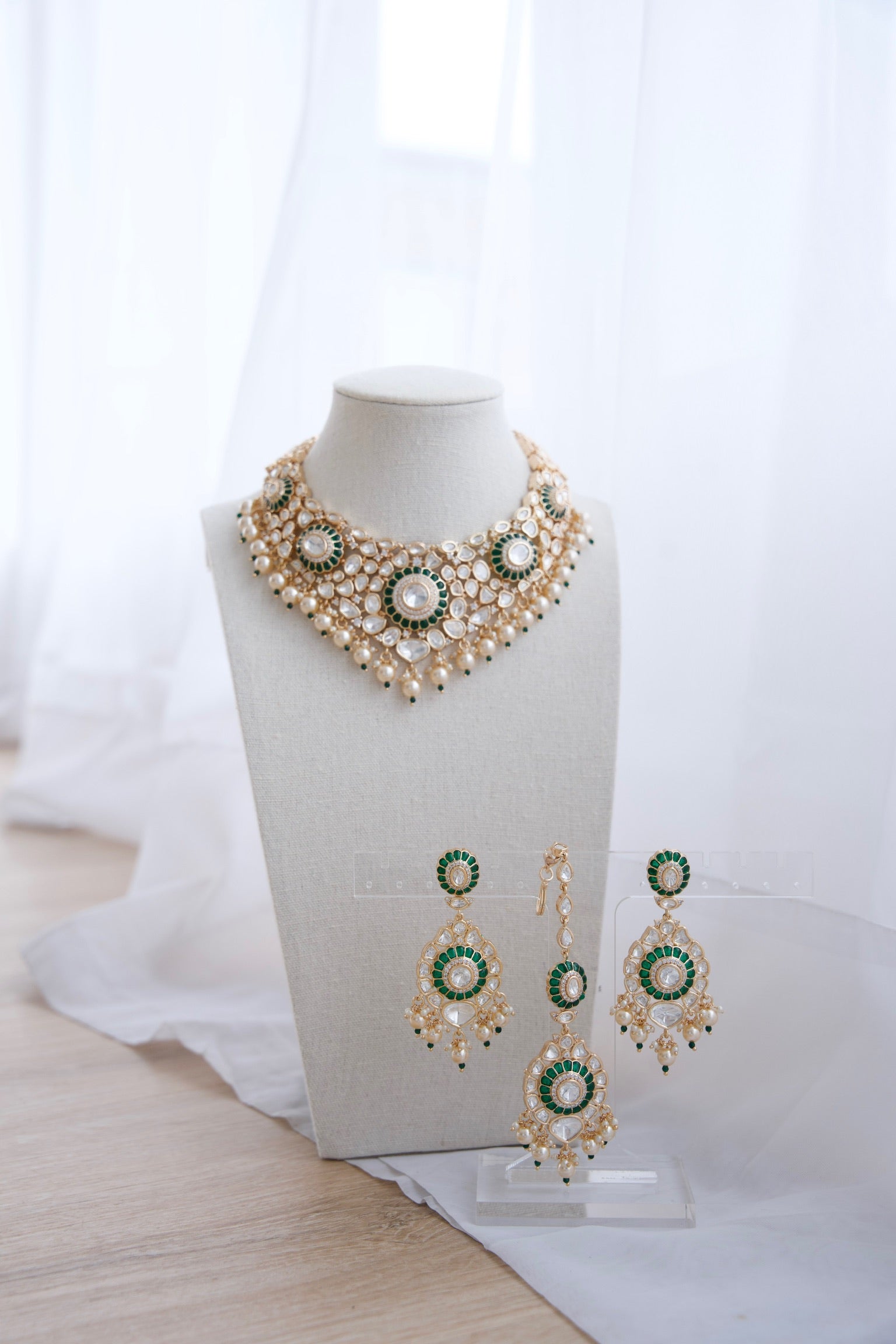 Bridal Moissanite Kundan Set with Green Stones