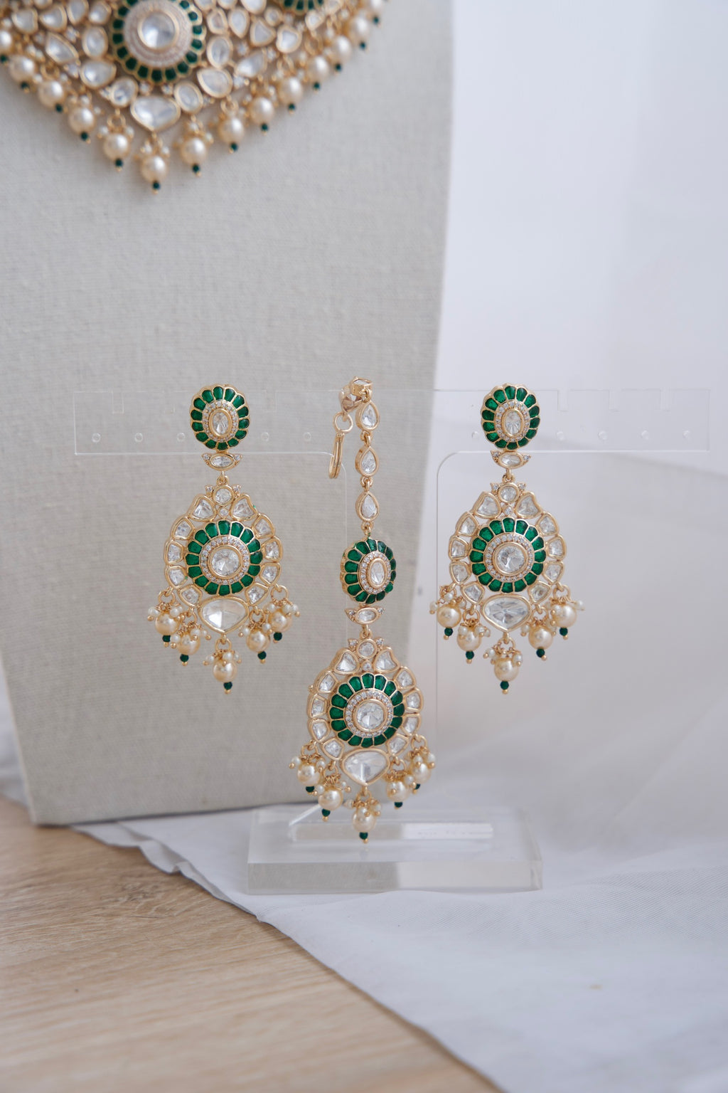 Bridal Moissanite Kundan Set with Green Stones