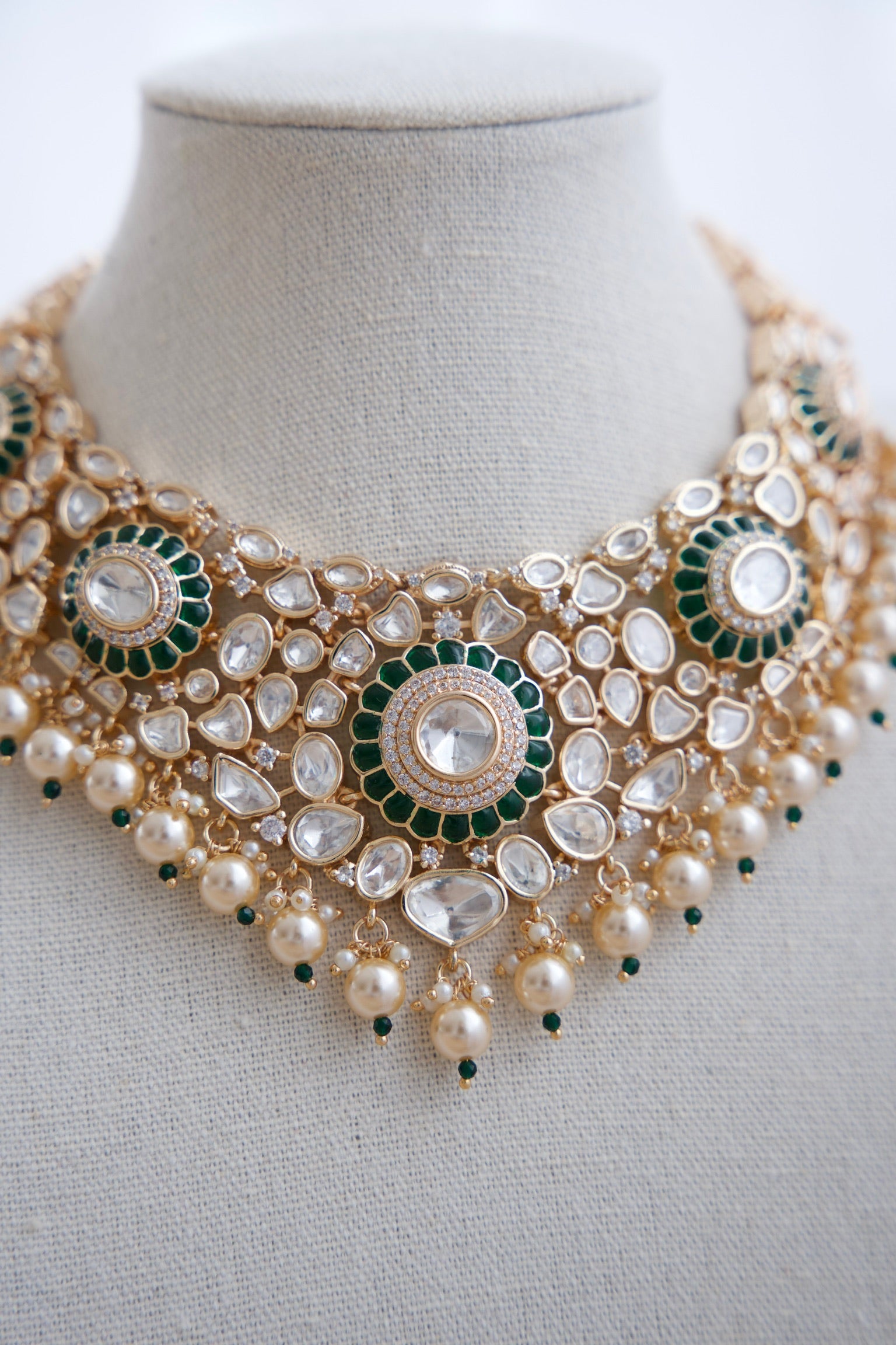 Bridal Moissanite Kundan Set with Green Stones