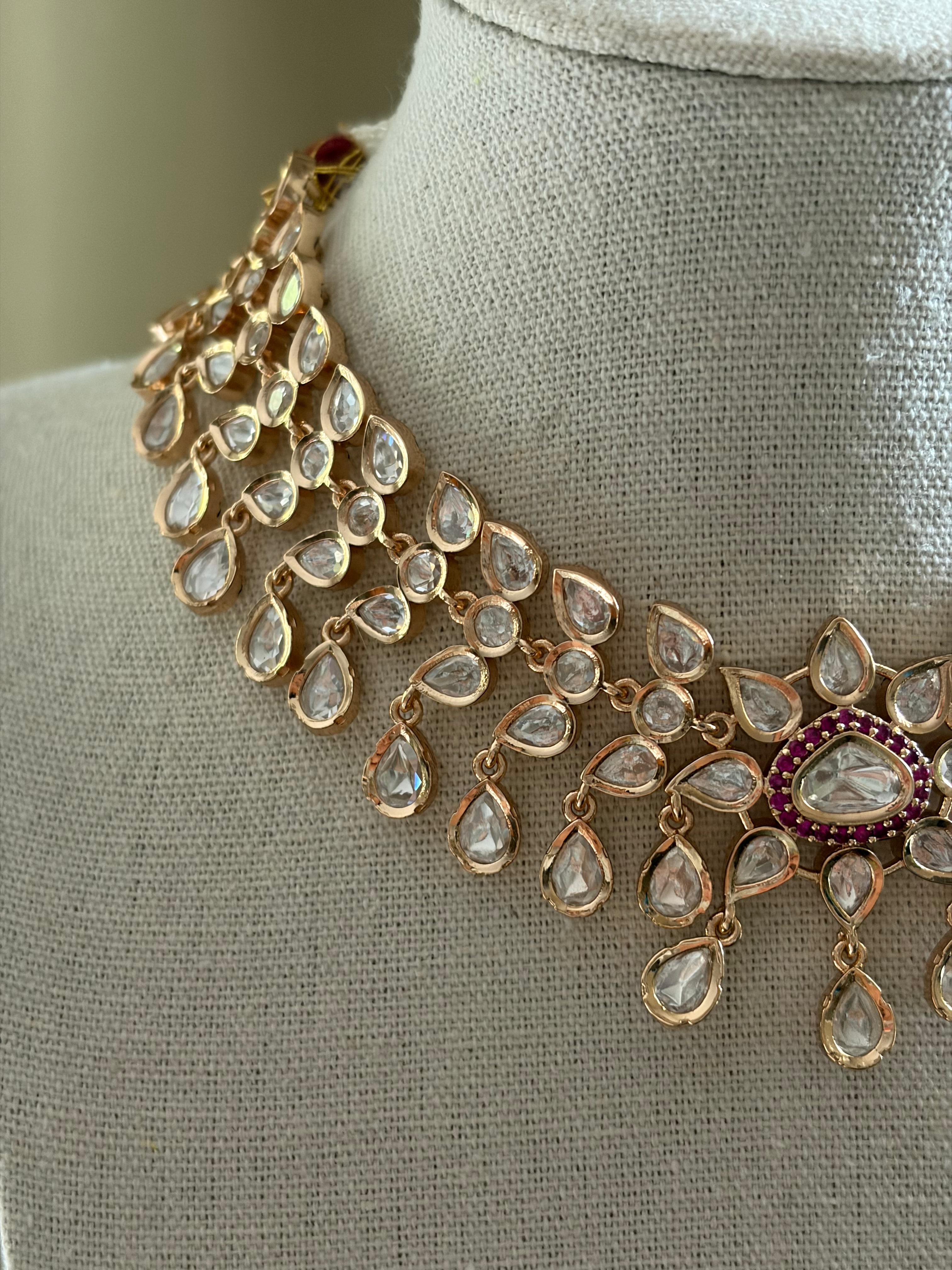 Moissanite Kundan Necklace Set - Ruby Stones