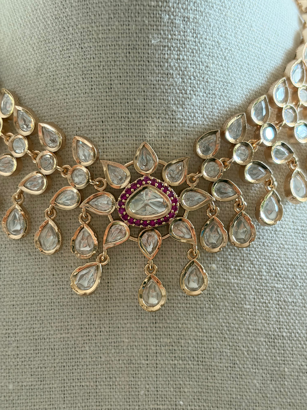 Moissanite Kundan Necklace Set - Ruby Stones