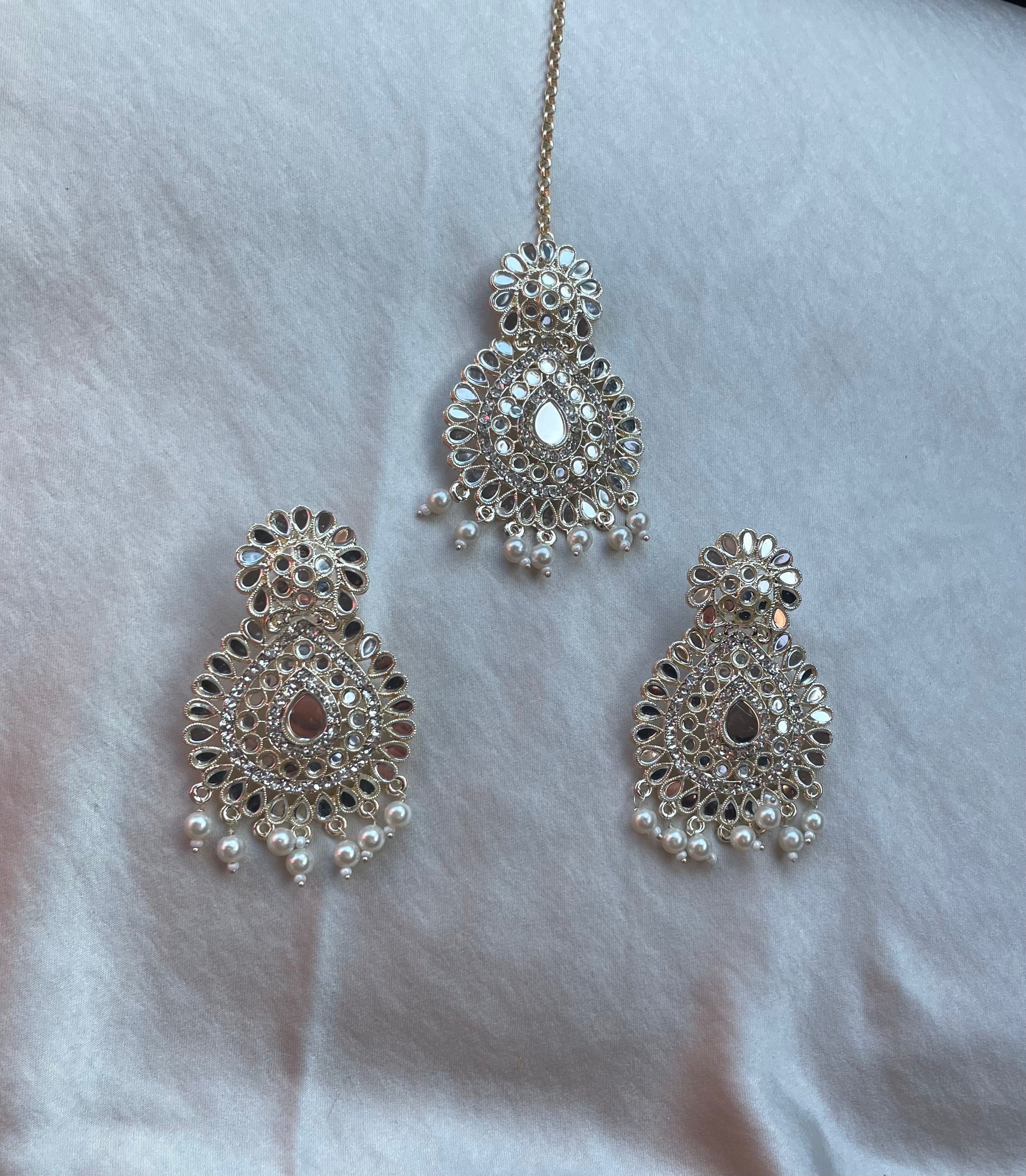 Mirror White Bead Earrings and Tikka Set