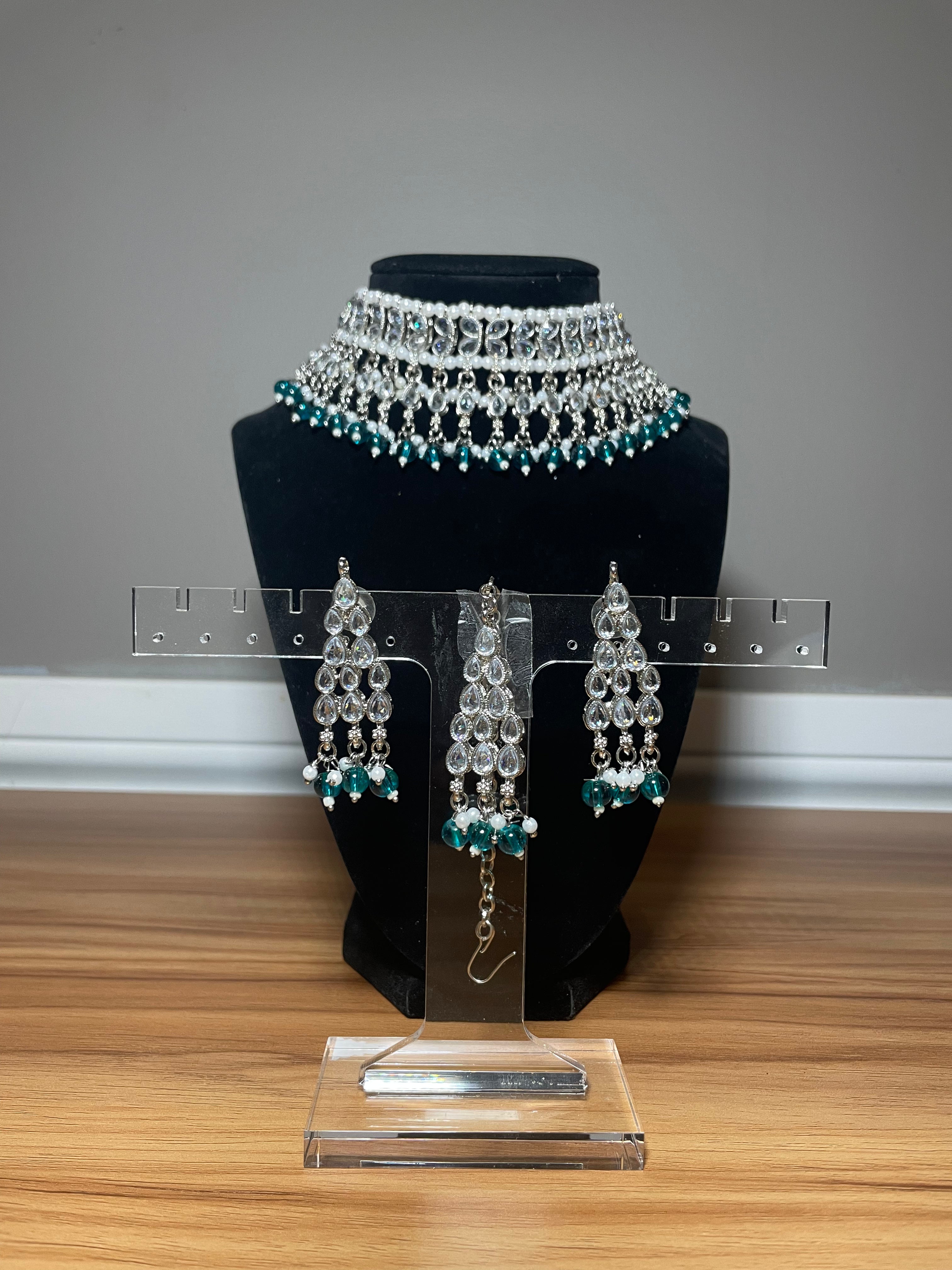 Silver Necklace Set with Teal Beads